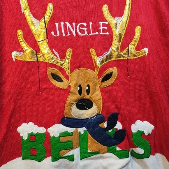 Holiday Time Womens Red Jingle Bells Reindeer Ugly Christmas Sweater 3X - Picture 2 of 4